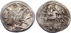 Roman Republic AR Denarius 104 B.C.
Silver 3.84g 19mm; L. Appullius Saturnius. Denarius 104 BC. Rome. Obv. Helmeted head of Roma left. Rev. L. SATVRN...