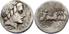 Roman Republic AR Denarius 86 B.C.
Silver 3.79g 17mm; Anonymus, 86 BC, Denarius, Rome, Laureate head of Apollo to right, below neck truncation, thund...
