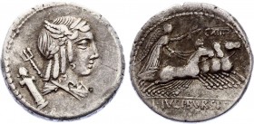 Roman Republic AR Denarius 85 B.C.
Silver 3.94g 18mm; L. Julius Bursio, Rome, 85 BC. lareate and winged bust of Apollo Vejovis right, trident over sh...