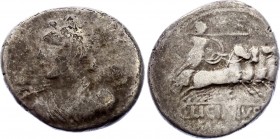 Roman Republic AR Denarius 84 B.C.
Silver 4.11g 17x19mm; C. Licinius L.f. Macer. Denarius, 84 BC, Rome. Obv. Bust of Apollo left. Rev. minerva drivin...