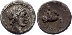 Roman Republic AR Denarius 82 B.C.
Silver 3.81g 16mm; P. Creousius, Denarius, 82 BC, Rome. Laureate head of Apollo right. Rev. Horseman right, brands...