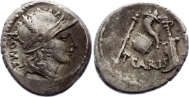 Roman Republic AR Denarius 46 B.C.
Silver 3.82g 19mm; T. Carisisius, Denarius, Rome 46 B.C., Head of Roma right, wering ornate rusted helmet , Roma d...