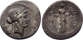 Roman Republic AR Denarius 42 B.C.
Silver 3.25g 17mm; P. Clodius M. f. Turrinus AR Denarius, Rome, 42 BC. Laureate bust of Apollo right, lyre behind ...