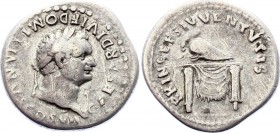 Roman Empire Domitian Denarius 80 - 81 A.D.
RIC I 51 = II 271; Obv: CAESAR DIVI F DOMITIANVS COS VII. Laureate head right; Rev: PRINCEPS IVVENTVTIS, ...