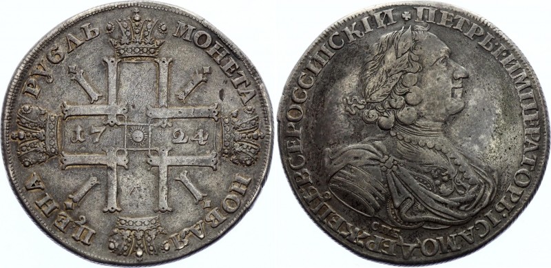 Russia 1 Rouble 1724 СПБ
Bit# 1315 R; Sun rouble, portrait in armour; Rare type...