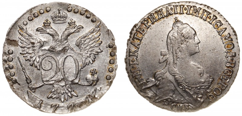 Russia 20 Kopeks 1771 CПБ
Bit# 379; Silver 3.99g; 1 Rouble by Petrov; aUNC