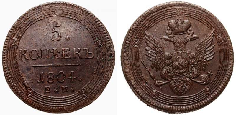 Russia 5 Kopeks 1804 EM
Bit# 290; Copper 49.29g 42mm; UNC