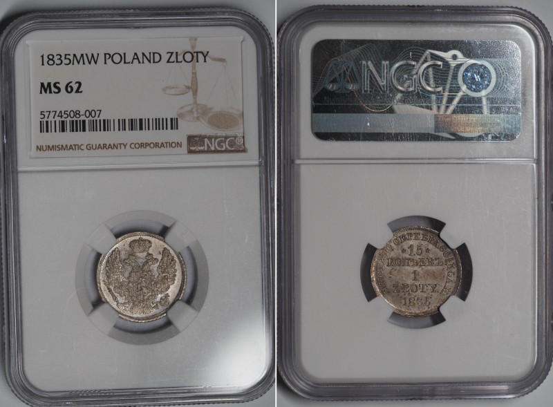 Russia - Poland 15 Kopeks - 1 Zloty 1835 СПБ MW NGC MS 62
Bit# 1165; Silver, UN...