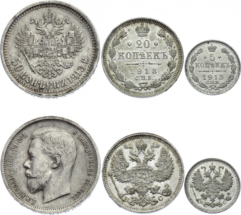 Russia Lot of 5-20-50 Kopeks 1913 
Silver; Nice Conditions!