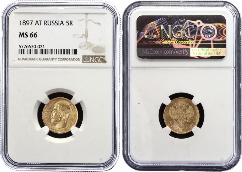 Russia 5 Roubles 1897 АГ NGC MS 64
Bit# 18; Gold (.900) 4.3g, UNC. Very rare in...