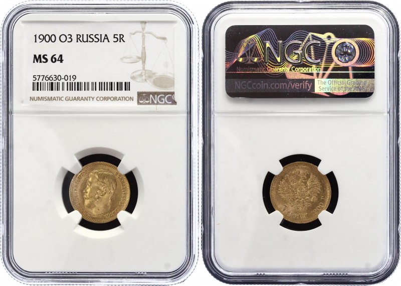 Russia 5 Roubles 1900 ФЗ NGC MS 64
Bit# 26; Gold (.900) 4.3g, UNC, mint luster....