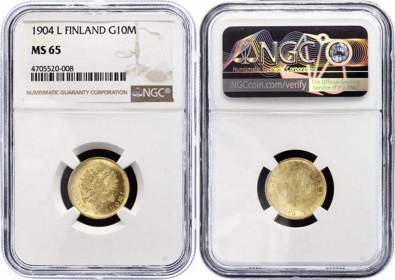 Russia - Finland 10 Markkaa 1904 L R1 NGC MS 65
Bit# 392 (R1); Gold (.900) 3.23...