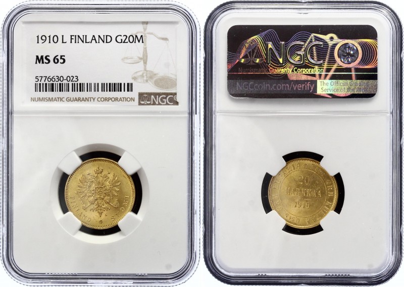 Russia - Finland 20 Markkaa 1910 L NGC MS 65
Bit# 387; Gold (.900) 6.45g, UNC. ...