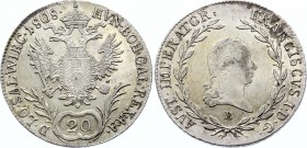 Austria 20 Kreuzer 1808 B - Kremnitz
KM# 2141; Silver; Franz I; XF mint luster remains