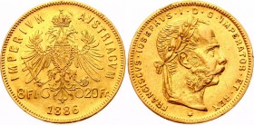 Austria 8 Florin / 20 Francs 1886
KM# 2269; Franz Joseph I; Gold (.900), 6.45 g. Mintage 139657. AUNC, mint luster remains.