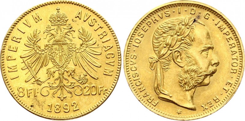 Austria 8 Florin / 20 Francs 1892
KM# 2269; Franz Joseph I; Gold (.900) – 6.45 ...