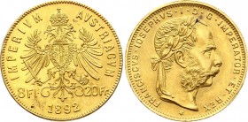 Austria 8 Florin / 20 Francs 1892
KM# 2269; Franz Joseph I; Gold (.900) – 6.45 g. UNC. RESTRIKE.