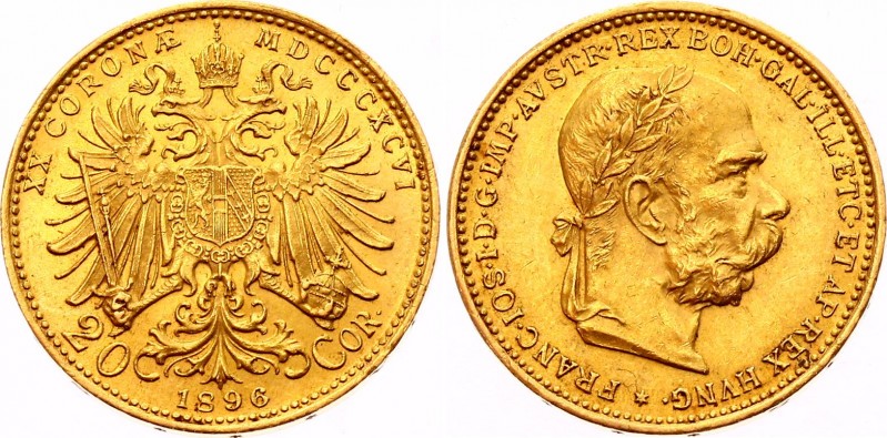 Austria 20 Corona 1896
KM# 2806; Franz Joseph I; Gold (.900) 6.78 g. UNC. Rare ...