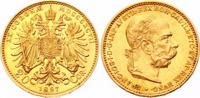 Austria 20 Corona 1897
KM# 2806; Franz Joseph I; Gold (.900) 6.78 g. UNC. Rare grade for this type!
