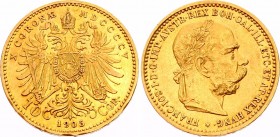 Austria 10 Corona 1905
KM# 2805; Franz Joseph I; Gold (.900) 3.39g. Mintage 1,933,230. AUNC.