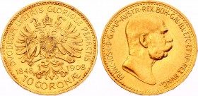 Austria 10 Corona 1908 /1848
KM# 2810; 60th Anniversary of the Reign of Franz Joseph I. Gold (.900) 3.39g. Mintage 654,022. AUNC.