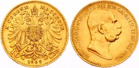 Austria 10 Corona 1909
KM# 2815; Franz Joseph I; Gold (.900) 3.39g. Mintage 2,319,872. AUNC.