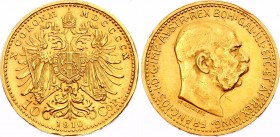 Austria 10 Corona 1910
KM# 2816; Franz Joseph I; Gold (.900) 3.39g. Mintage 1,055,387. AUNC.