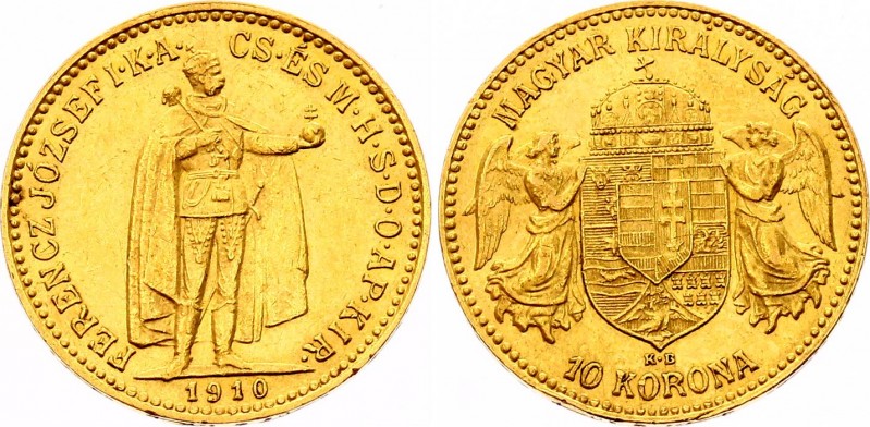 Hungary 10 Korona 1910 KB - Kremnitz
KM# 485; Franz Joseph I; Gold (.900), 3.39...