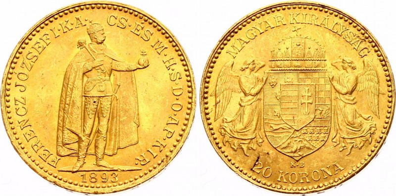 Hungary 20 Korona 1893 KB - Kremnitz
KM# 486; Franz Joseph I, Kremnitz. Gold (....