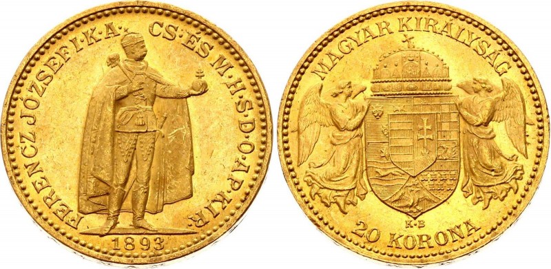 Hungary 20 Korona 1893 KB - Kremnitz
KM# 486; Franz Joseph I, Kremnitz. Gold (....