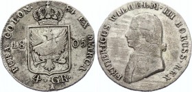 German States Brandenburg-Prussia 4 Groschen 1805 A (1/6 Thaler)
Friedrich Wilhelm III., 1797-1840. Brandenburg-Preussen 4 Groschen (1/6 Taler) 1805 ...
