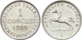 German States Hannover 1 Groschen 1866 B
KM# 236; Silver; Mintage 76,290; Georg V