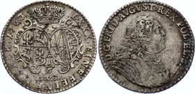 German States Saxony 1/6 Thaler 1763 Poland
Augustus III the Sas. 1/6 Taler (4 Grosze) 1763 FWôF. Kahnt 565, Kop. 11355 (R). Nice patina. Silver, XF-...