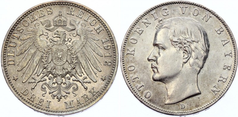 Germany - Empire Bavaria 3 Mark 1912 D
KM# 996; Silver; Otto I; XF with nice to...