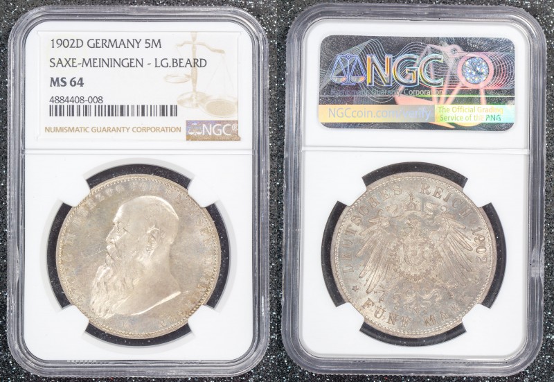 Germany - Empire Saxe-Meiningen 5 Mark 1902 D NGC MS64 Long Beard
J 153a; NGC M...