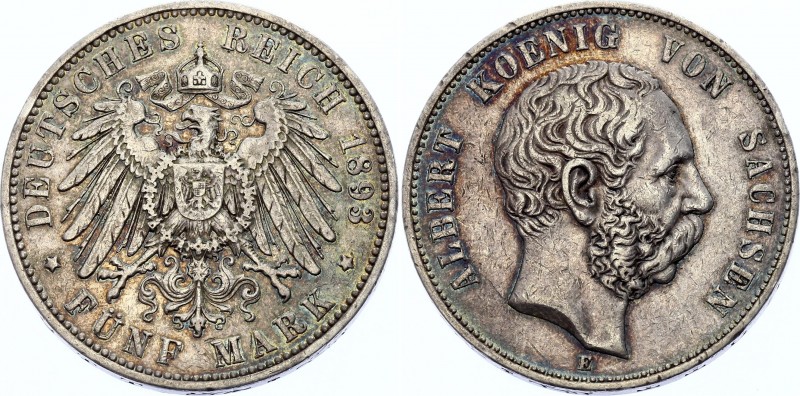 Germany - Empire Saxony 5 Mark 1893 E
KM# 1246; Silver; Albert I; XF with nice ...