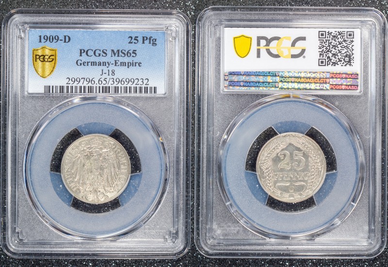 Germany - Weimar Republic 25 Pfennig 1909 D PCGS MS65
J# 18; PCGS MS65; Regular...