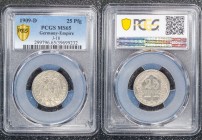 Germany - Weimar Republic 25 Pfennig 1909 D PCGS MS65
J# 18; PCGS MS65; Regular Issue
