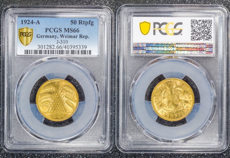 Germany - Weimar Republic 50 Rentenpfennig 1924 A PCGS MS66
J# 310; PCGS MS66