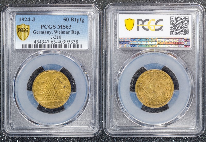 Germany - Weimar Republic 50 Rentenpfennig 1924 J PCGS MS63
J# 310; PCGS MS63