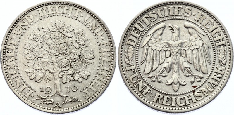 Germany - Weimar Republic 5 Reichsmark 1930 A
KM# 56; Silver, AUNC, remains of ...