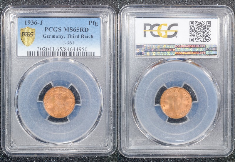 Germany - Third Reich 1 Reichspfennig 1936 J PCGS MS65RD Keydate and Mint
J# 36...