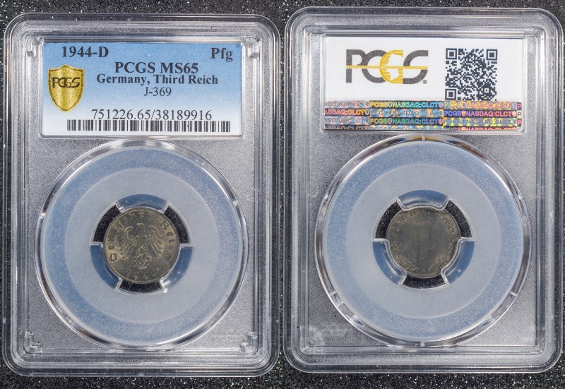 Germany - Third Reich 1 Reichspfennig 1944 D PCGS MS65 BU
J# 369; PCGS MS65; Ex...