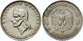 Germany - Third Reich 2 Reichsmark 1934 F
KM# 84; Silver; 175th Anniversary of Friedrich Schillers Birth; XF