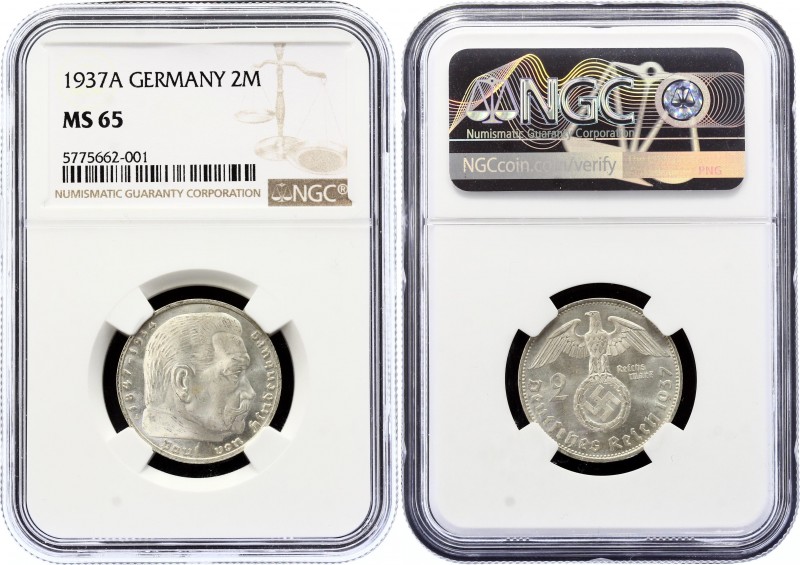 Germany - Third Reich 2 Reichsmark 1937 A NGC MS65 
KM# 93; Swastika - Hindenbu...