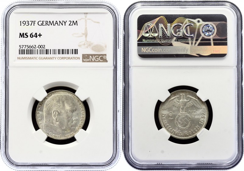 Germany - Third Reich 2 Reichsmark 1937 F NGC MS64+
KM# 93; Swastika - Hindenbu...