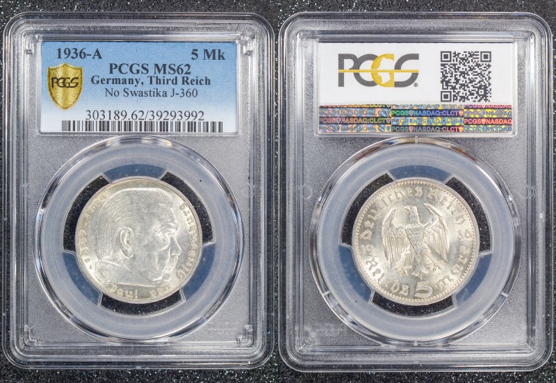 Germany - Third Reich 5 Reichsmark 1936 A PCGS MS62 No Swastika
J# 360; PCGS MS...