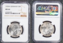 Germany - Third Reich 5 Reichsmark 1939 A NGC MS64 Hindenburg Swastika Mintroll Coin
J# 365; NGC MS64