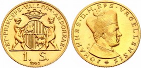 Andorra 1 Sovereign 1983 
KM# 33; Joan D. M. Bisbe D'Urgell I; Mintage 4,671; Gold (.918) 8.00g.; UNC