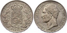 Belgium 5 Francs 1850 
KM# 17; Silver; Bold Head; XF Nice Toning
